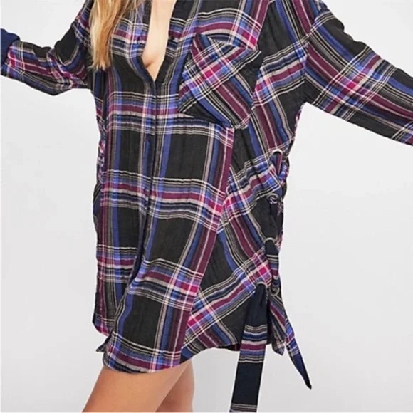 Free People Nordic Side Lace-Up Flannel Button Down Top Size Large - Picture 3 of 10